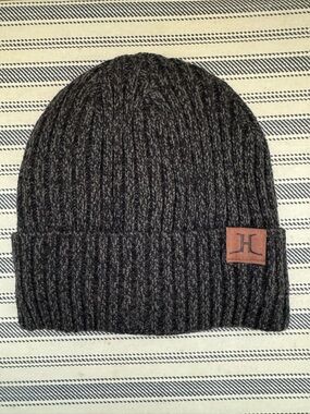 Heather Charcoal Knit Beanie with Leather Patch - H Brand